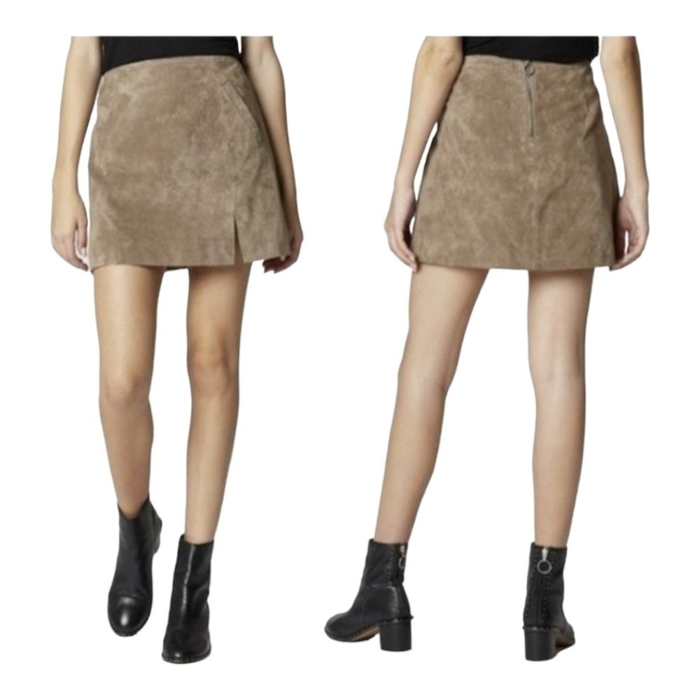 BLANK NYC Women Brown Suede Leather Mini Skirt 25 Slit Pockets Boho Western Moto